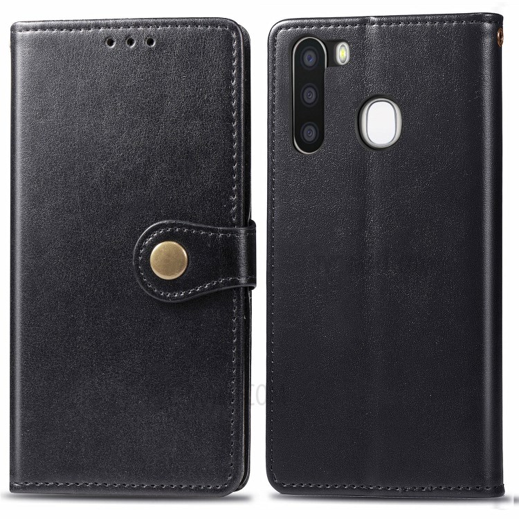 Round Buckle Wallet Leather Cover Phone Case for Samsung Galaxy A21 - Black-1