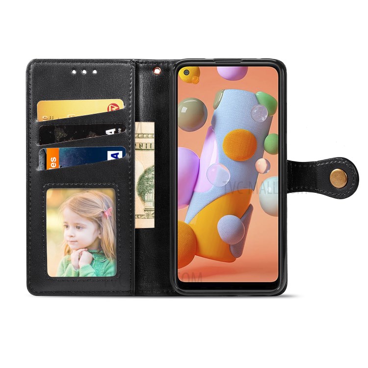 Round Buckle Wallet Case Leather Stand Phone Cover for Samsung Galaxy A11 - Black-4