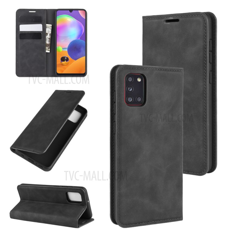 Silky Touch Auto-absorbed Leather with Wallet Mobile Casing for Galaxy A31 - Black-1