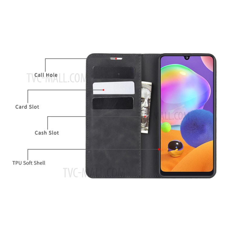 Silky Touch Auto-absorbed Leather with Wallet Mobile Casing for Galaxy A31 - Black-4