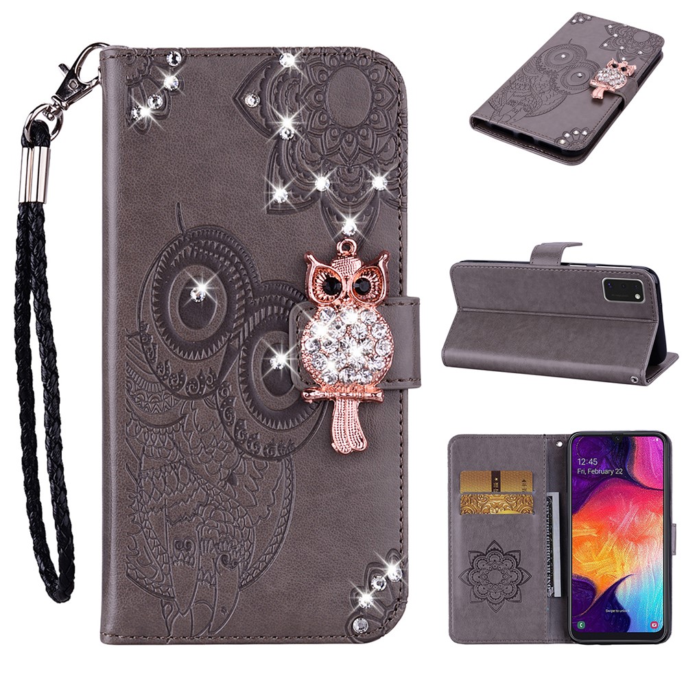 Owl Imprint Rhinestone Decor Leather Phone Shell for Samsung Galaxy A41 (Global Version) - Brown-1