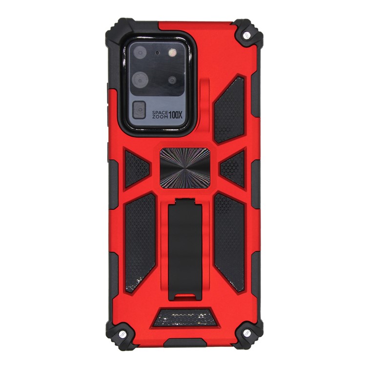 Kickstand Armor Dropproof PC TPU Hybrid Shell with Magnetic Metal Sheet for Samsung Galaxy S20 Ultra - Red-1