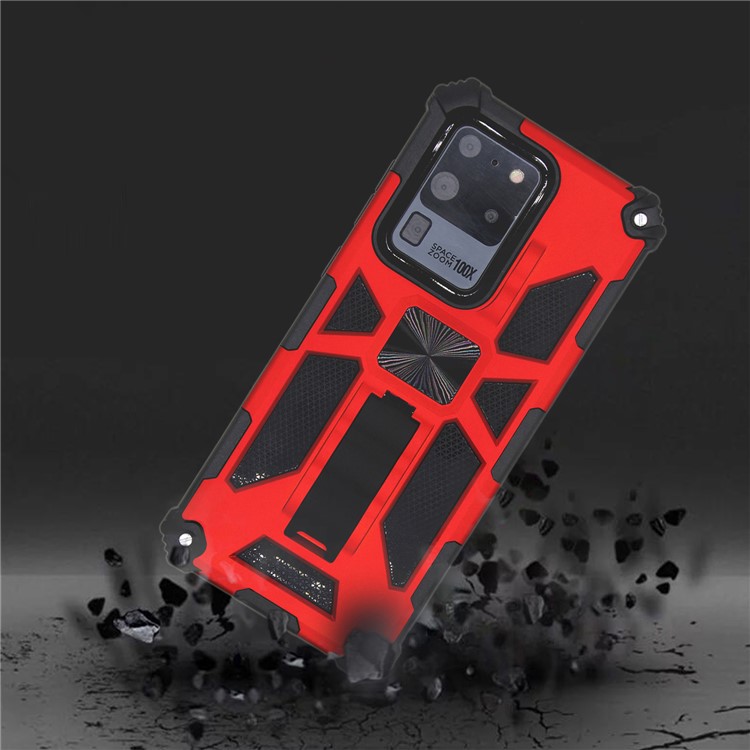 Kickstand Armor Dropproof PC TPU Hybrid Shell with Magnetic Metal Sheet for Samsung Galaxy S20 Ultra - Red-5