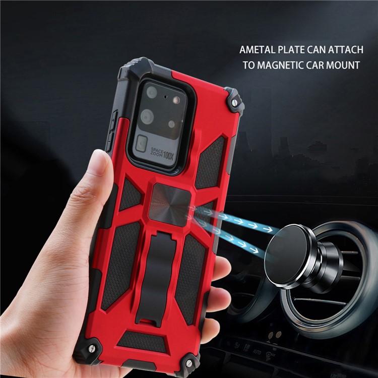 Kickstand Armor Dropproof PC TPU Hybrid Shell with Magnetic Metal Sheet for Samsung Galaxy S20 Ultra - Red-6