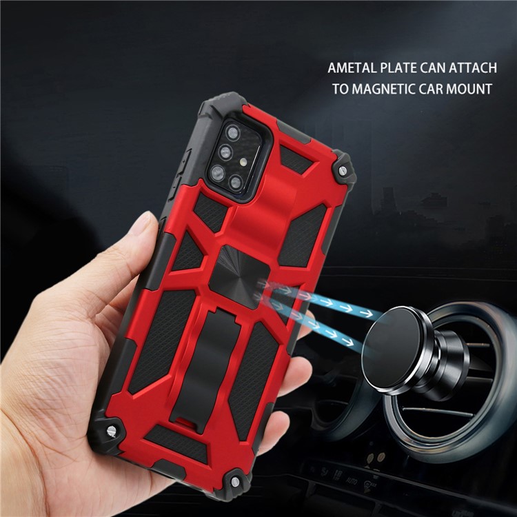 Kickstand Armour Style PC TPU Shell Hybride Avec Feuille de Métaux Magnétiques Pour Samsung Galaxy A71 SM-A715 - Rouge