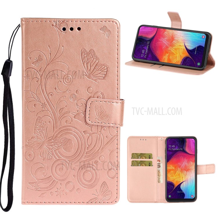 Imprint Butterfly Flower Wallet Leather Case for Samsung Galaxy A41 (Global Version) - Rose Gold-1