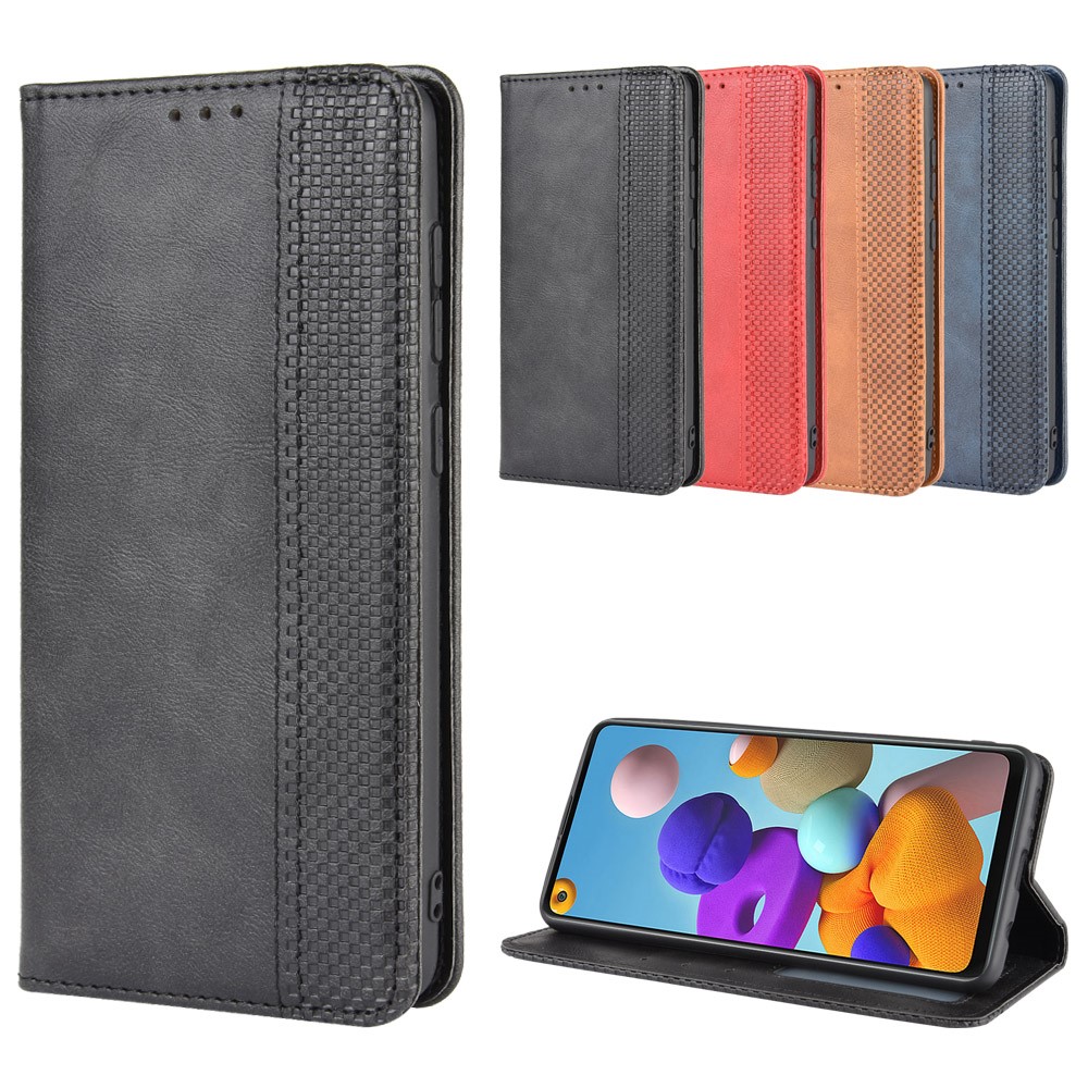 Auto-absorbed Retro PU Leather Wallet Phone Cover for Samsung Galaxy A21s - Black-11