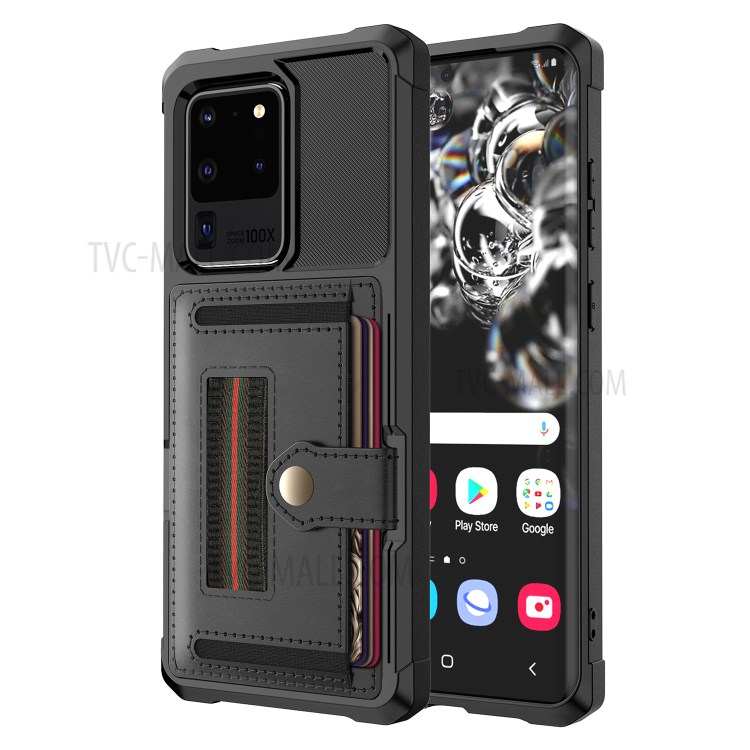 Caja Del Teléfono Con Ranura De La Tarjeta Y El Anillo Shell Correa Para El Dedo Elástico Para La Galaxia S20 De Ultra - Negro-2