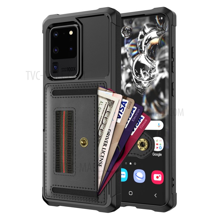 Caja Del Teléfono Con Ranura De La Tarjeta Y El Anillo Shell Correa Para El Dedo Elástico Para La Galaxia S20 De Ultra - Negro-3