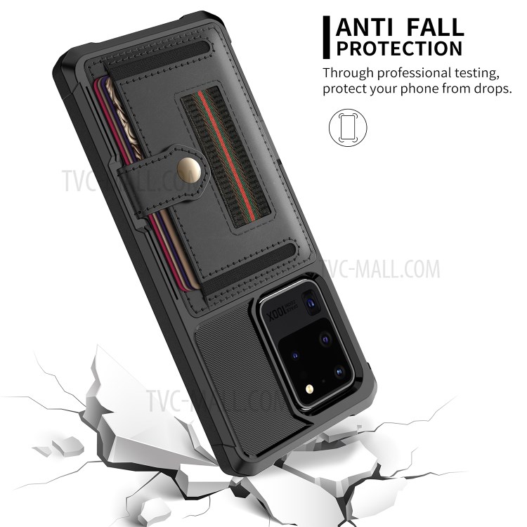 Phone Case with Card Slot and Elastic Finger Ring Strap Shell for Samsung Galaxy S20 Ultra - Black-6