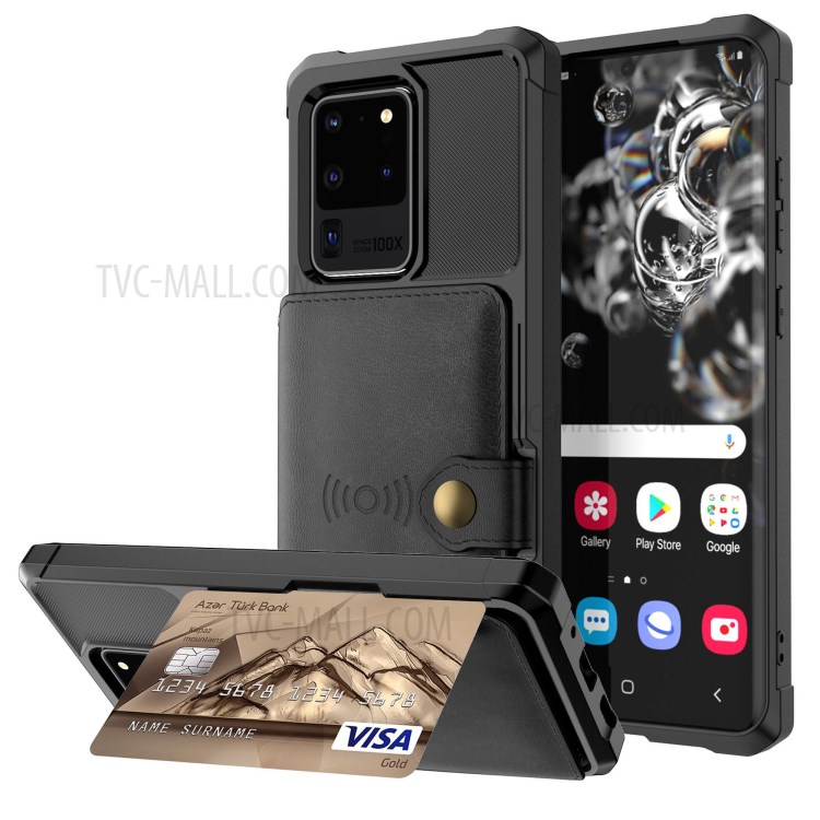 Para La Galaxia S20 De Ultra PU Caso TPU Teléfono De La Carpeta De Cuero Recubierto - Negro-1