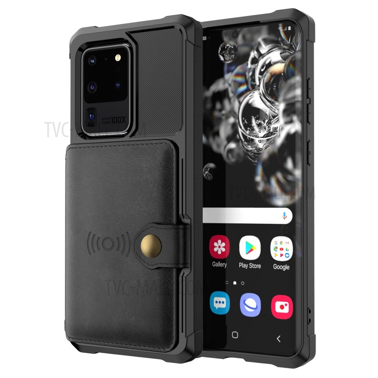 Para La Galaxia S20 De Ultra PU Caso TPU Teléfono De La Carpeta De Cuero Recubierto - Negro-2
