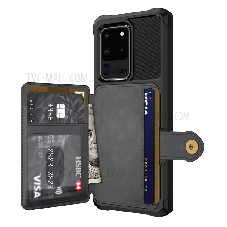 Para La Galaxia S20 De Ultra PU Caso TPU Teléfono De La Carpeta De Cuero Recubierto - Negro-3