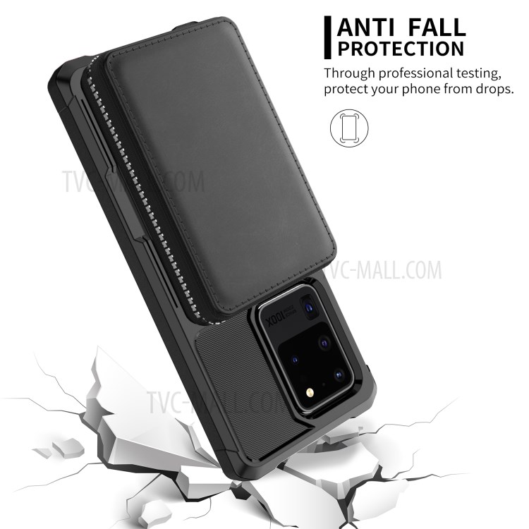 Caso De Telefone De Couro Com Zipper Carteira Para Samsung Galaxy S20 De Ultra - Preto-4