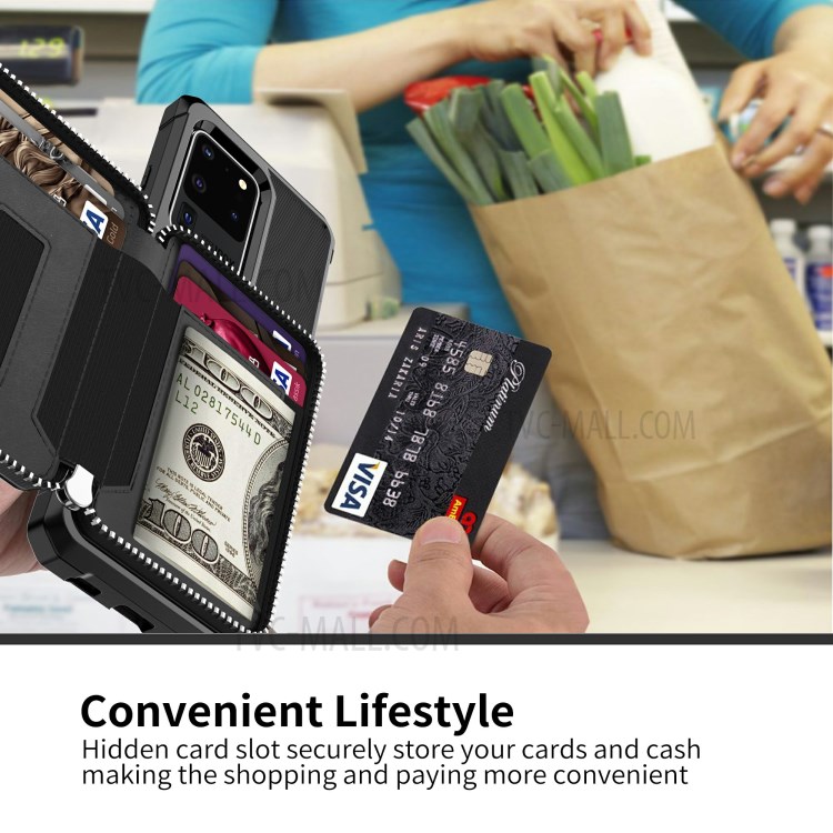 Caso De Telefone De Couro Com Zipper Carteira Para Samsung Galaxy S20 De Ultra - Preto-7