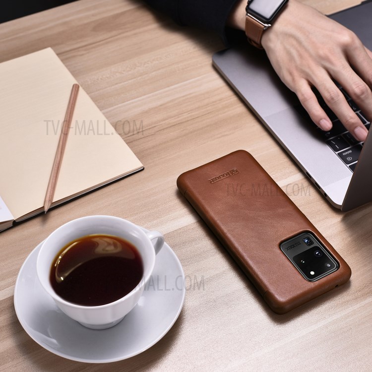 ICARER Curved Edge Retro Genuine Leather Shell for Samsung Galaxy S20 Ultra - Brown-12