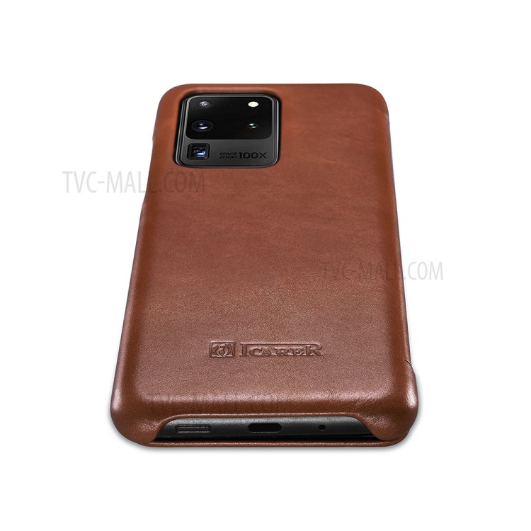 Icarer Curvado Borde Retro Shell Cuero Genuino Para La Galaxia S20 De Ultra - Marrón-6