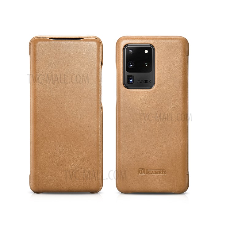 ICARER Curved Edge Retro Genuine Leather Shell for Samsung Galaxy S20 Ultra - Khaki-1