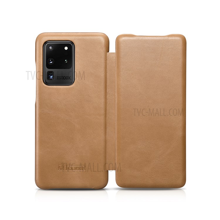 ICARER Curved Edge Retro Genuine Leather Shell for Samsung Galaxy S20 Ultra - Khaki-10