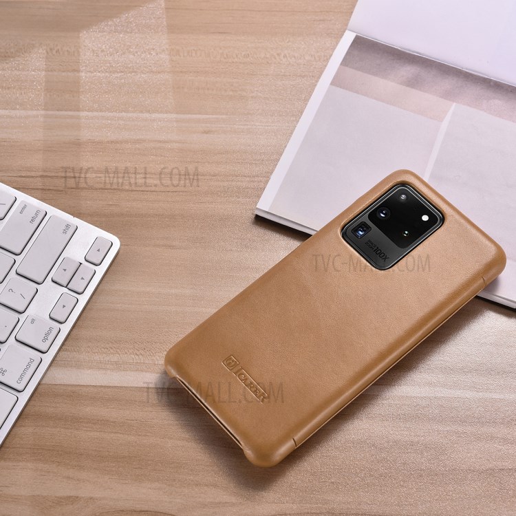 ICARER Curved Edge Retro Genuine Leather Shell for Samsung Galaxy S20 Ultra - Khaki-13