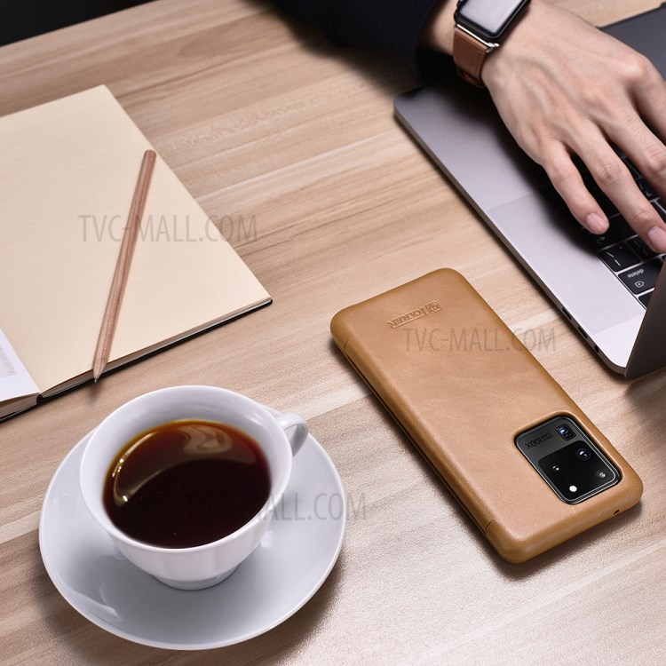 ICARER Curved Edge Retro Genuine Leather Shell for Samsung Galaxy S20 Ultra - Khaki-14
