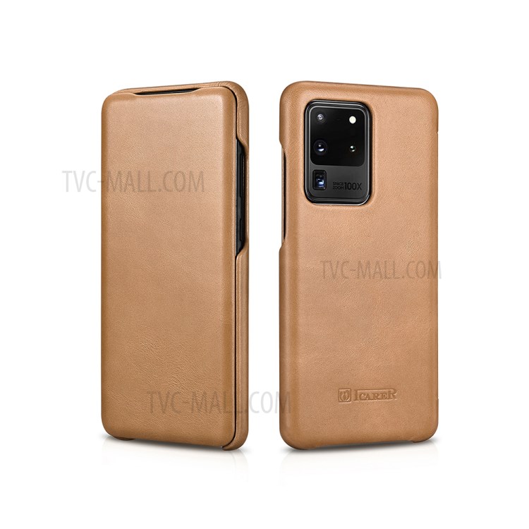 ICARER Curved Edge Retro Genuine Leather Shell for Samsung Galaxy S20 Ultra - Khaki-2