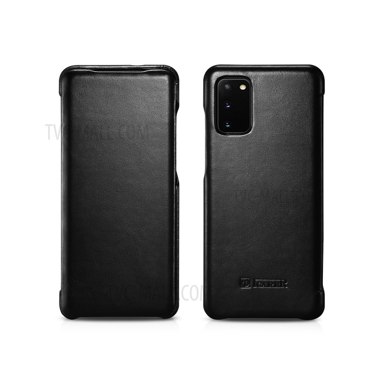 ICARER Curved Edge Genuine Leather Mobile Phone Shell for Samsung Galaxy S20 - Black-1