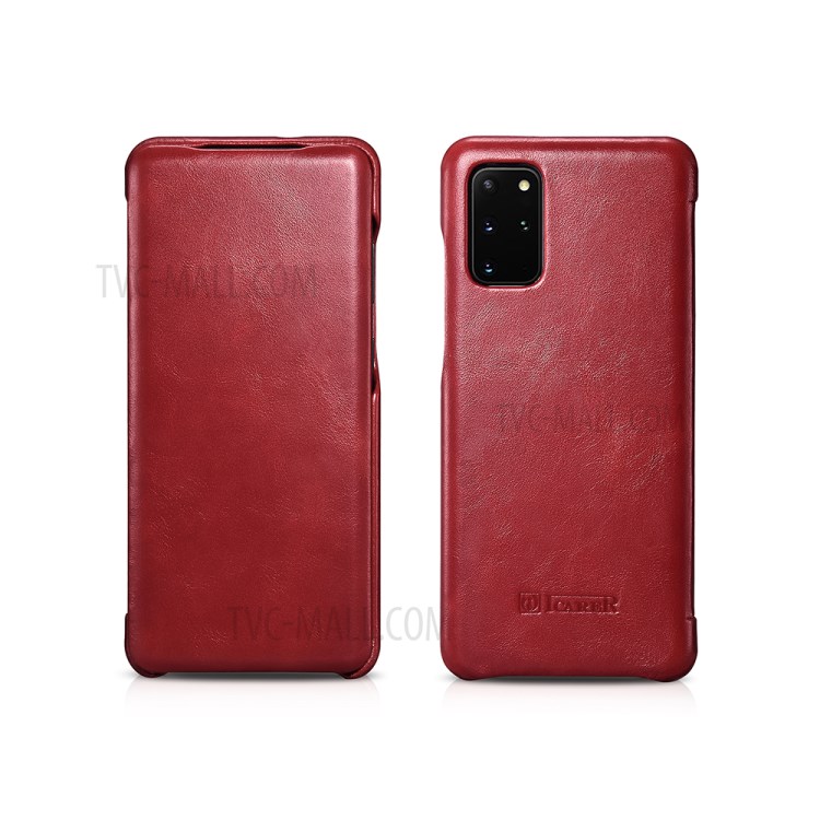 ICARER Curved Edge Vintage Genuine Leather Unique Cover for Samsung Galaxy S20 Plus - Red-1
