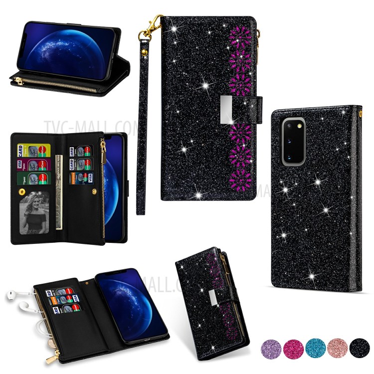 Glittery Starry Style Laser Carving Zipper Wallet Stand Leather Cover for Samsung Galaxy S20 - Black-1