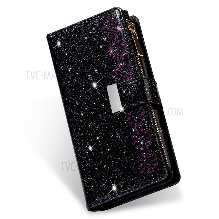 Glittery Starry Style Laser Carving Zipper Wallet Stand Leather Cover for Samsung Galaxy S20 - Black-9