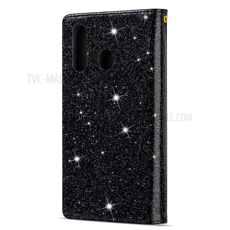 Glittery Starry Style Laser Carving withZipper Leather Shell for Samsung Galaxy A21 - Black-2