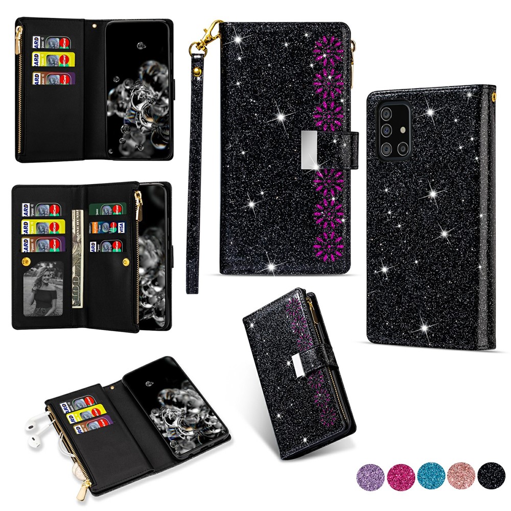 Glittery Starry Style Laser Carving Leather Case for Samsung Galaxy A51 SM-A515 - Black-1