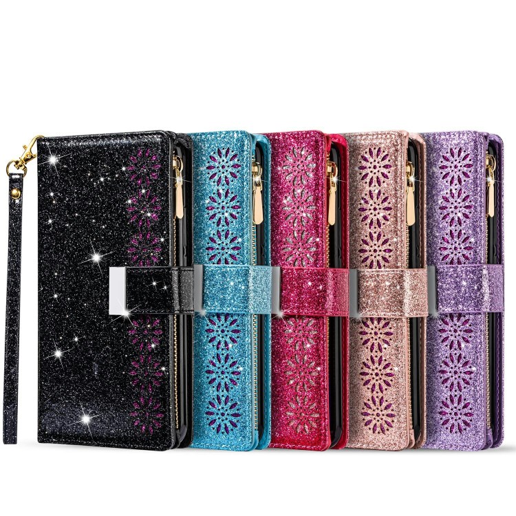 Glittery Starry Style Laser Carving Zipper Wallet Stand Leather Case for Samsung Galaxy A71 SM-A715 - Black-13