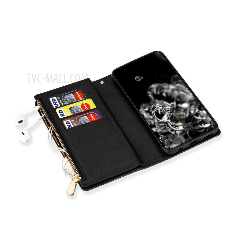 Glittery Starry Style Laser Carving Zipper Wallet Stand Leather Case for Samsung Galaxy A71 SM-A715 - Black-7