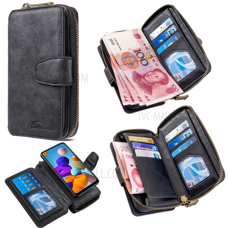BF001 Leather Wallet Cover Anti-Gravity Zip Phone Case for Samsung Galaxy A21 - Black-1