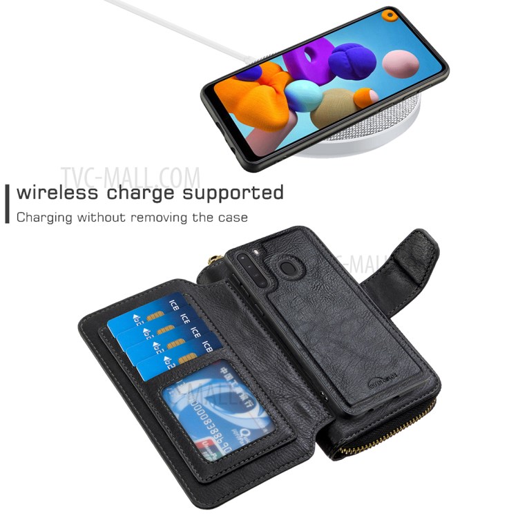 BF001 Leather Wallet Cover Anti-Gravity Zip Phone Case for Samsung Galaxy A21 - Black-4