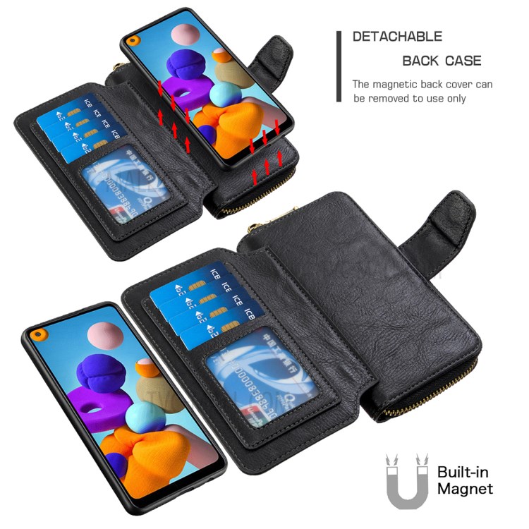 BF001 Leather Wallet Cover Anti-Gravity Zip Phone Case for Samsung Galaxy A21 - Black-5