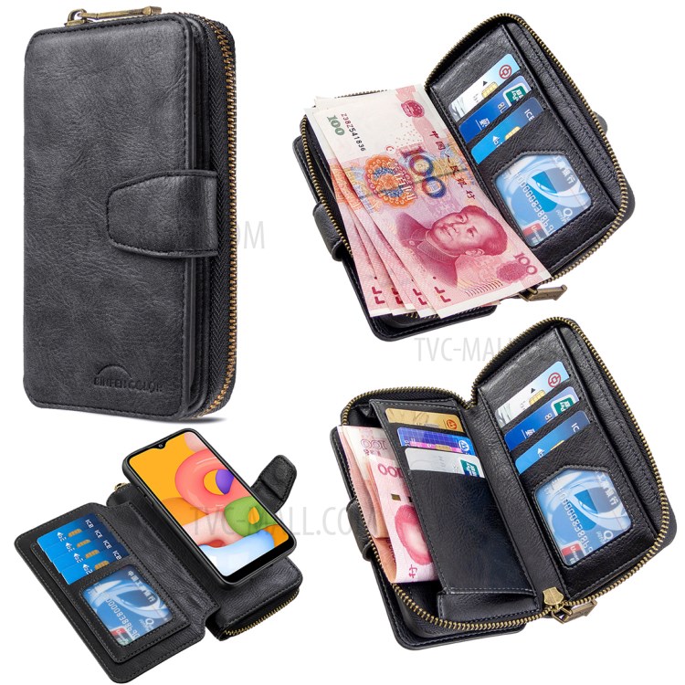 Zipper Wallet Design Leather Phone Cover Shell for Samsung Galaxy A01 - Black-1