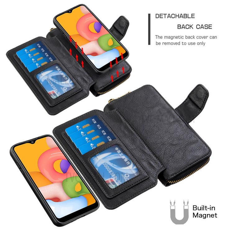 Zipper Wallet Design Leather Phone Cover Shell for Samsung Galaxy A01 - Black-5