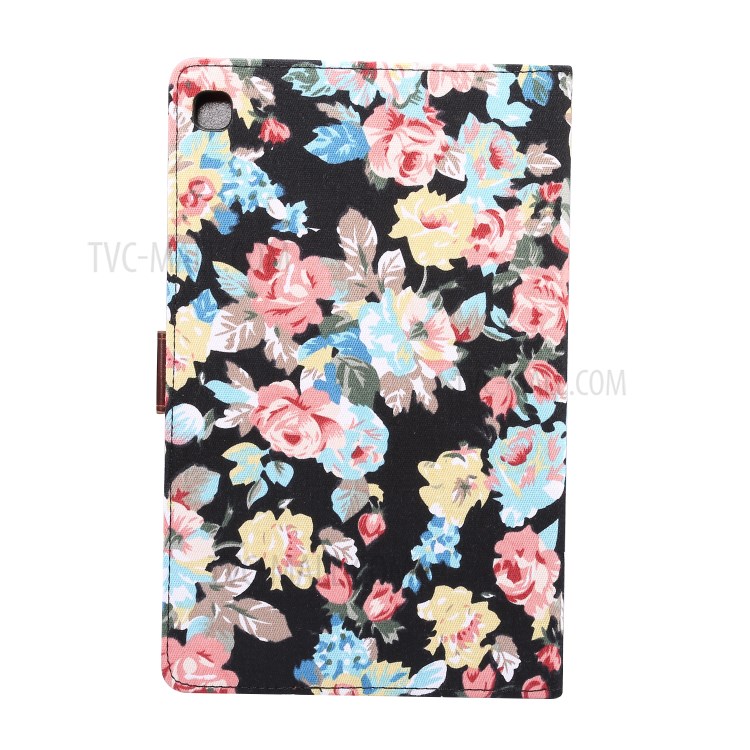 Blooming Flower Cloth Smart Leather Cover for Samsung Galaxy Tab S6 Lite P610/P615 - Black-3