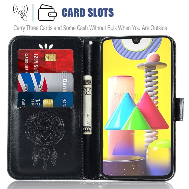 Imprinted Dream Catcher Owl Leather Wallet Case for Samsung Galaxy M31 - Black-5