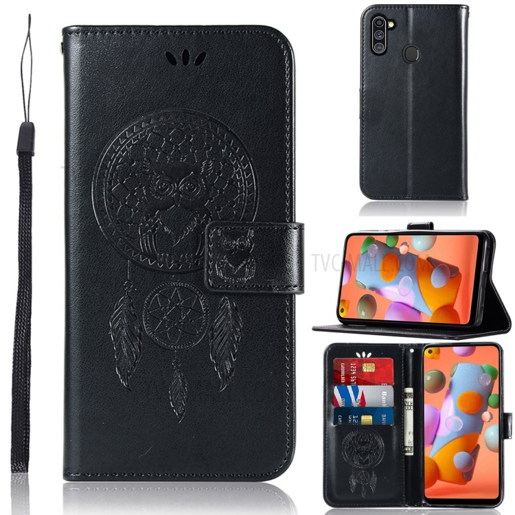 Imprinted Dream Catcher Owl Leather Wallet Case for Samsung Galaxy A11/M11 - Black-1