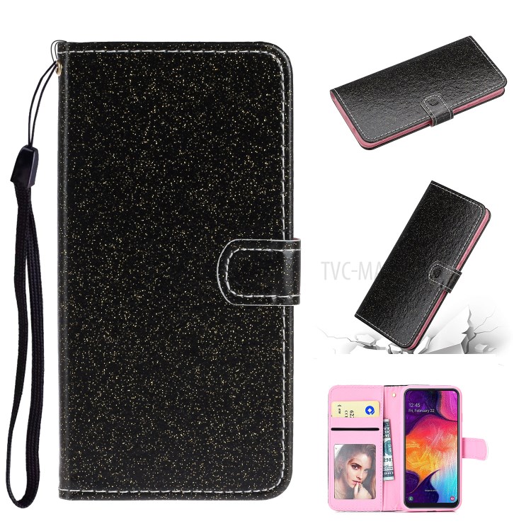 Flash Powder Leather Stand Shell for Samsung Galaxy A41 (Global Version) - Black-1