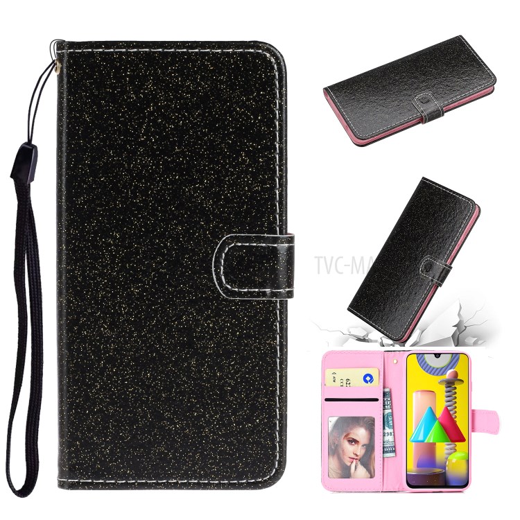 Flash Powder Leather Cover with Card Slots for Samsung Galaxy M31 - Black-1