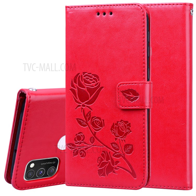 Imprint Rose Flower Leather Flip Cover with Wallet for Samsung Galaxy M30s/M21 - Red-1