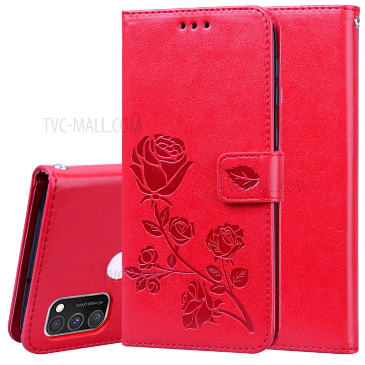 Imprint Rose Flower Leather Flip Cover with Wallet for Samsung Galaxy M30s/M21 - Red-1