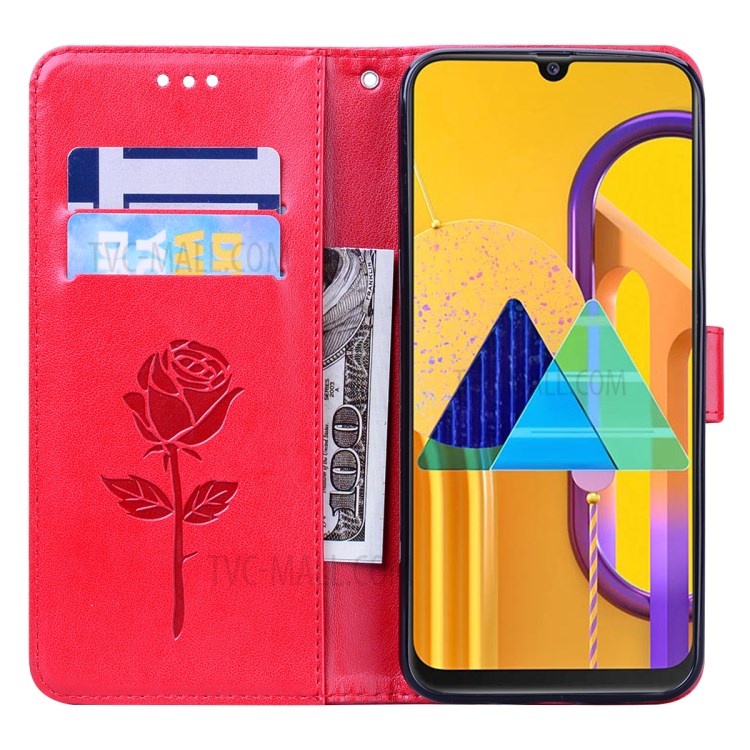 Imprint Rose Flower Leather Flip Cover with Wallet for Samsung Galaxy M30s/M21 - Red-6