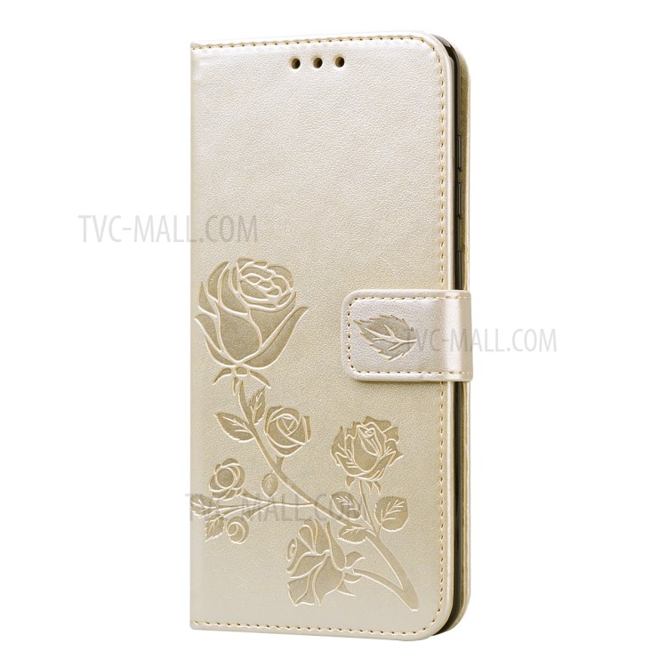 Imprint Rose Flower Leather Wallet Protective Phone Case for Samsung Galaxy A31 - Gold-3