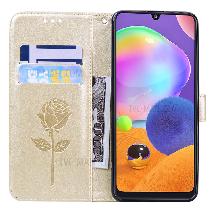 Imprint Rose Flower Leather Wallet Protective Phone Case for Samsung Galaxy A31 - Gold-6