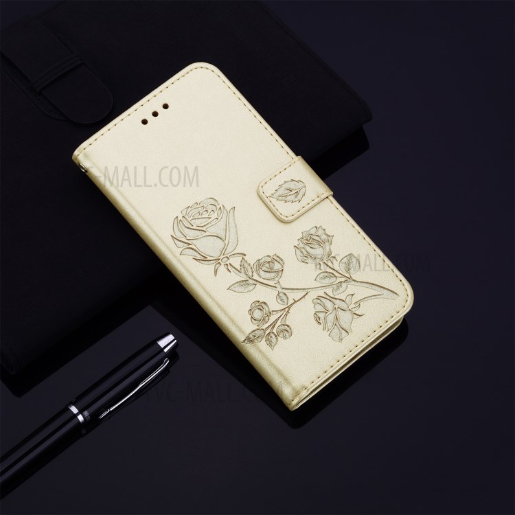 Imprint Rose Flower Leather Wallet Protective Phone Case for Samsung Galaxy A31 - Gold-7